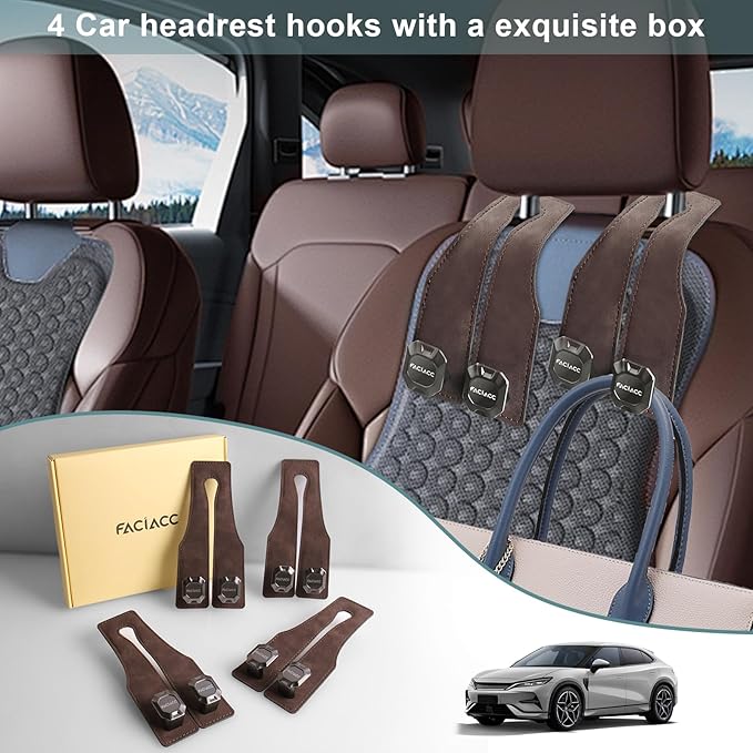FACIACC 4 Pack Car Seat Headrest Hooks, Purse Hook for Headrest Universal Double Car Headrest Hooks Accessories Backseat Hanger Bag Holder Storage Hanger for Handbag Purse Coat Bags, Brown