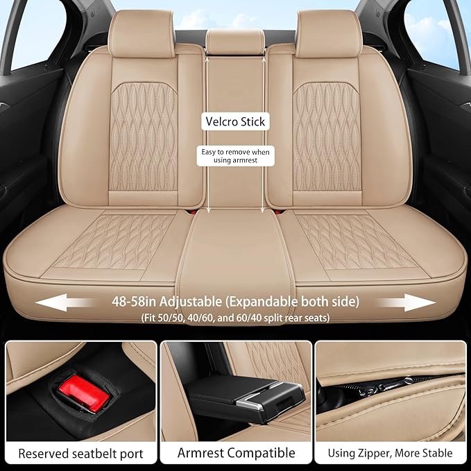 WELLDO Car Seat Covers Full Set, Leather Seat Covers for Car, Waterproof Car Seat Protector with Lumbar Support, Automotive Seat Covers Universal Fit for Most Cars SUV Truck, Beige-White