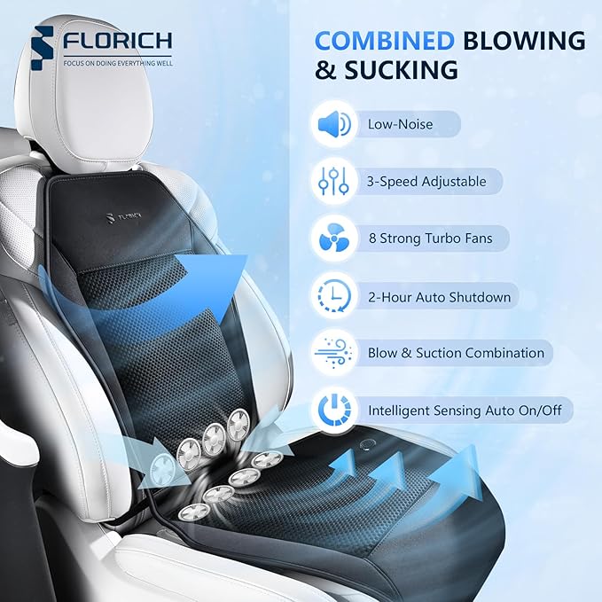 FLORICH Cooling Car Seat Covers with Blowing & Suction, 12V-24V Cooling Ventilated Car Seat Cushion with 8 Turbo Fans 3-Speed Adjustable Universal Fit for Car SUV Truck Van for Summer Driving