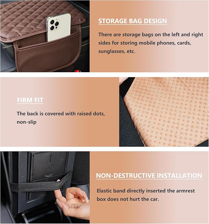 Car Center Console Cover,Microfiber Leather Car Armrest Cover Cushion with Storage Bags, Universal Car Armrest Storage Box Car Interior Accessories for Most Vehicles, Dark Brown