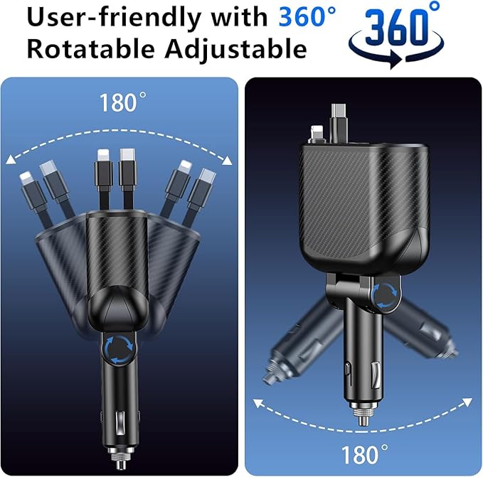 OHLPRO Retractable Car Charger Cigarette Lighter Adapter, 168W 5 in 1 Fast Phone Charging Built-in Replaceable Fuse, Socket Splitter with USB C and USB i Cord, Fit for Phone iPad Galaxy GPS, Black