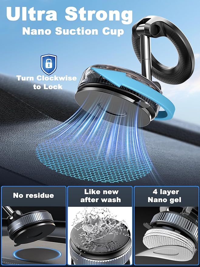 snanlen Upgraded 360° Nano Gel Vacuum Magnetic Phone Holder, 108+LBS Heavy Duty Suction Cup Phone Mount for Car Dashboard & Windshield, 3000gf MagSafe Compatible with iPhone 17/16 Pro Max White