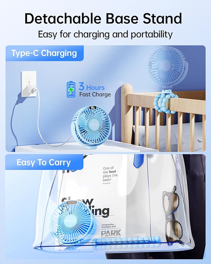 SWEETFULL Portable Stroller Fan with LED Display, 4 Speed Rechargeable Mini Clip On Fan, 360° Rotate Flexible Tripod Better Cooling Small Baby Fan for Car Seat Crib Travel Bike Treadmill (Blue)