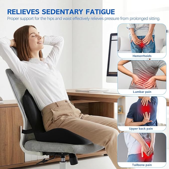 Office Chair Cushion for Tailbone & Back Pain Relief, Strong Lumbar Support Ergonomic Cushions, Comfortable Memory Foam Cushion for Pain Relief, Suitable for Office Chairs, Home Chairs, Car