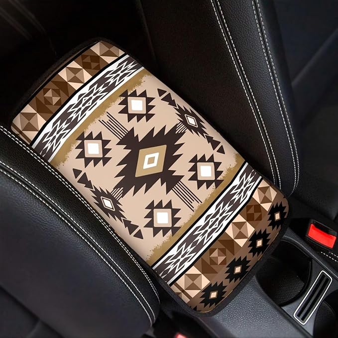 Suobstales Geometric Navajo Ethnic Tribe Print Car Armrest Pad Soft Center Console Arm Rest Protector Cover Universal Car Interior Accessories Decoration