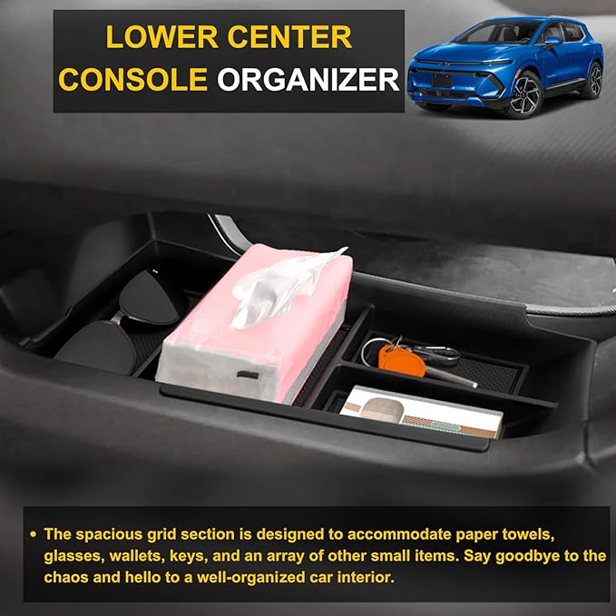 2 Pack Center Console Organizer for 2026 2025 2024 Chevy Equinox EV LT/RS Interior Accessories - Lower Center Console Organizer Tray& Armrest Storage Box - ABS Plastic, Black