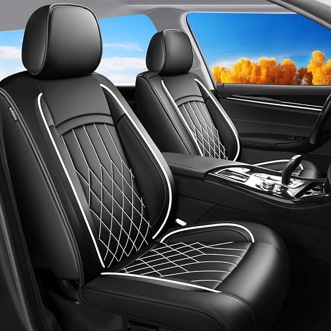 Fit Elantra Car Seat Covers for Hyundai Elantra 2017-2025 2026 - Premium Leather, Waterproof, All-Weather, Airbag Compatible, Anti-Slip, Breathable, Seat Protectors, Full Set, Whiteline
