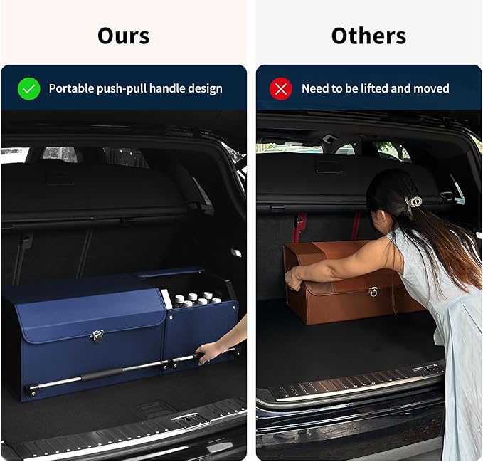 Car Trunk Organizer, Leather Trunk Organizer for SUV with Lid and Sturdy Handle Collapsible Adjustable Storage (Blue, 33 x 11.4 x 12.2in)
