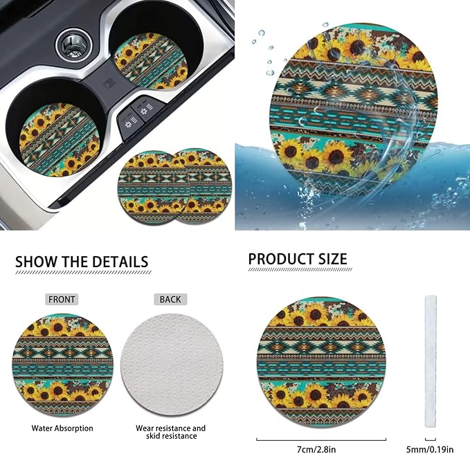 FKELYI Aztec Sunflower Car Seat Covers Full Set - Headrest, Steering Wheel Protector, Handbrake & Gear Shifter Covers, Cup Coasters