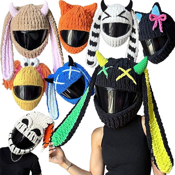 Cute Cat/Rabbit Ear Motorcycle Helmet Covers, Plush Funny Full Face Helmet Decoration Cover, Men Women Helmet Protective Cap, Novelty Animal Cartoon Plush Hat for Fun Ride Gift