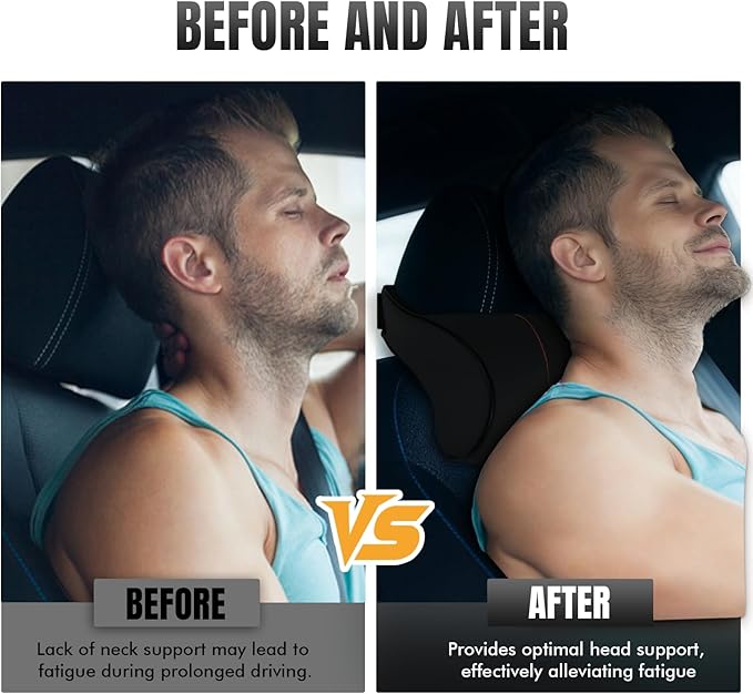 Car Neck Pillow with Memory Foam, Soft Comfortable Headrest Pillow for Driving, Ergonomic Design, Auto Seat Neck Support Pillows Head Rest Cushion with Breathable Leather Cover (Black)