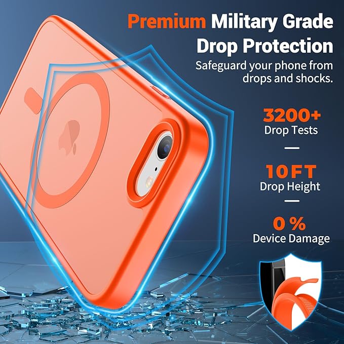 SUPFINE Magnetic for iPhone SE Case 2022 (3rd)/2020 (2nd),iPhone 8 Case(Compatible with MagSafe)(Military Grade Drop Protection) Slim Translucent Matte Phone Case,Orange