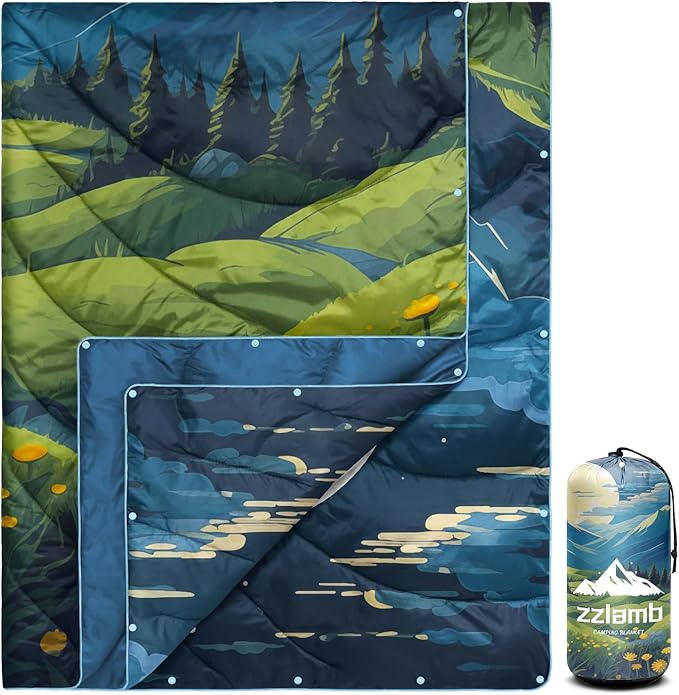 zzlamb Camping Blanket for Cold Weather,Outdoor Puffy Blanket Portable Down Alternative,Windproof Warm Cloak with Snaps,Cozy Quilt Backpacking Picnic RV Travel Plane Car Hammock Beach Climbing
