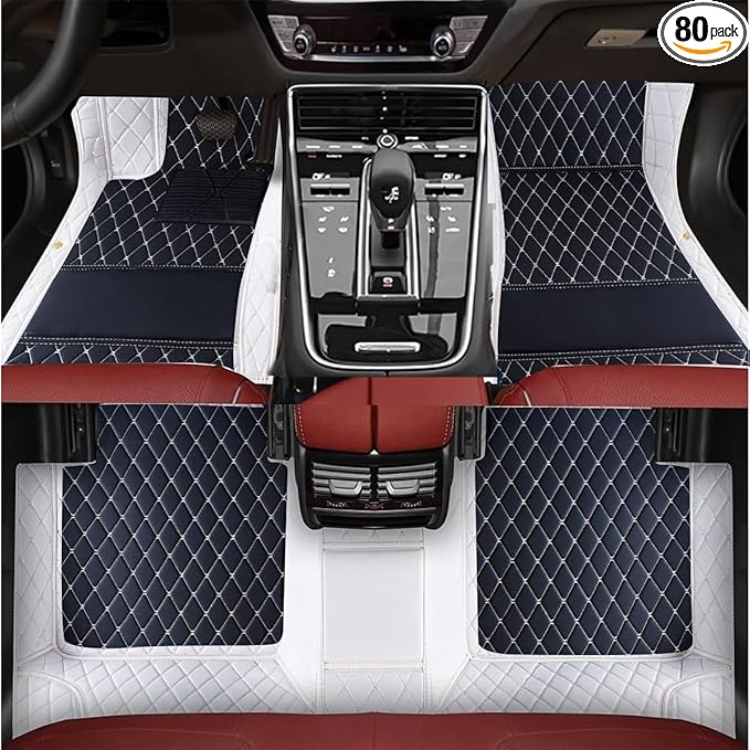 TREGOO All Weather Car Mats Custom Fit Non Slip Floor Mats for 1998-2025 Cars Personalized Leather Protection Pads Suitable for Men Women (Edge White, Medium Black and White)