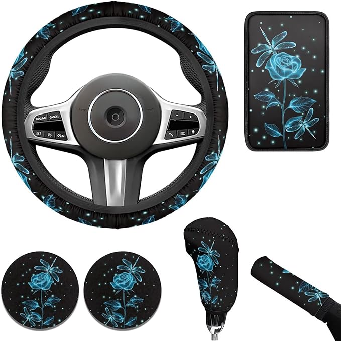 Blue Rose Print 6pcs Car Steering Wheel Cover Set for Men Women Dragonfly Cup Coaster Handbrake Gear Cover Armrest Cover Fits Most Cars Trucks Vans SUV