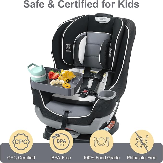 Car Seat Snack Tray for Toddlers - 3 Inch Cup Holder Fits Most Sippy Cups & Straw Bottles with Dip Well, Mess-Free Square Kids Travel Tray Road Trip Essentials, Dark Grey