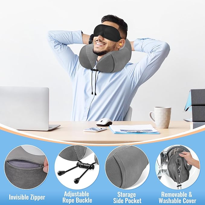 CloudBliss Travel Pillow Premium Memory Foam, Comfortable & Supportive Neck Pillow, Neck Pillows for Sleeping Travel, Airplane Pillow for Sleeping Airplane, Car, Office and Home（Black & Dark Grey）