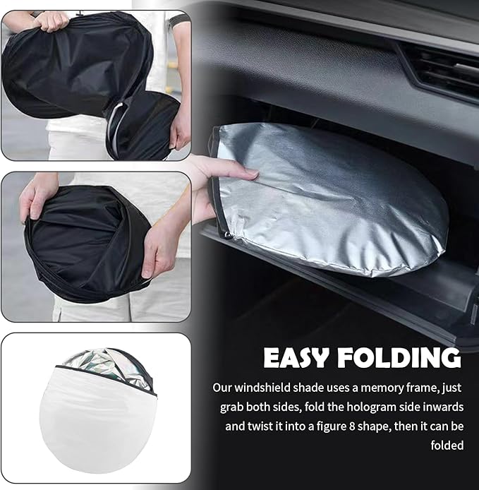 57.09x31.5 Holographic Front Windshield Sun Shade,Car Sun Shade Windshield for Thermal Insulation and Shading in 210T Titanium Silver Cloth,Collapsible Sunshade for Car Windshields