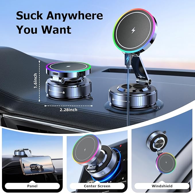 Magsafe Car Mount Charger, 15W Fast Charging Wireless Car Charger, Magsafe Car Mount, 360° Vacuum Magnetic Phone Holder [120LBS Ultra Suction Cup & 3000gf Magnet] for iPhone 17 - 12, Pixel & Samsung