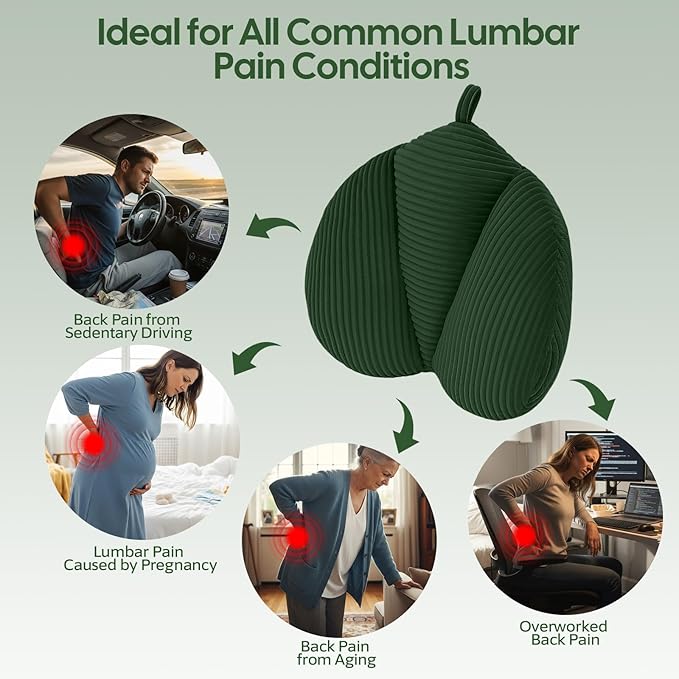Lumbar Support Pillow for Recliner, Back Support Pillow for Office Chair, Back Cushion with Shredded Foam for Back Pain Relief & Reading, Lumbar Cushions for Couch, Sofa Seat, Car, Green