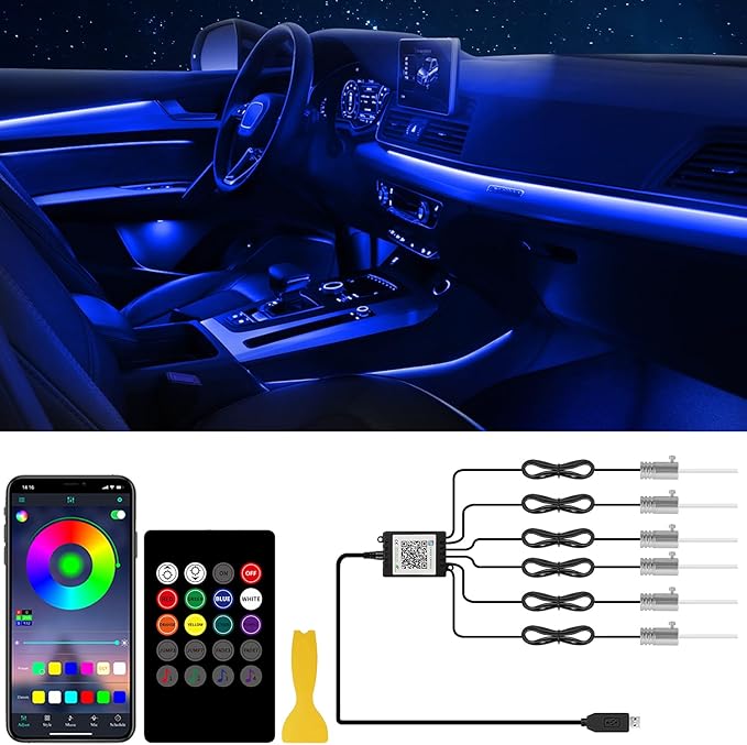 Car LED Interior Strip Lights 6 in 1 APP and Remote Control, RGB 16 Million Colors Ambient Lighting Kit with 315 inches Fiber Optic,Car Decoration for Dash Door Roof