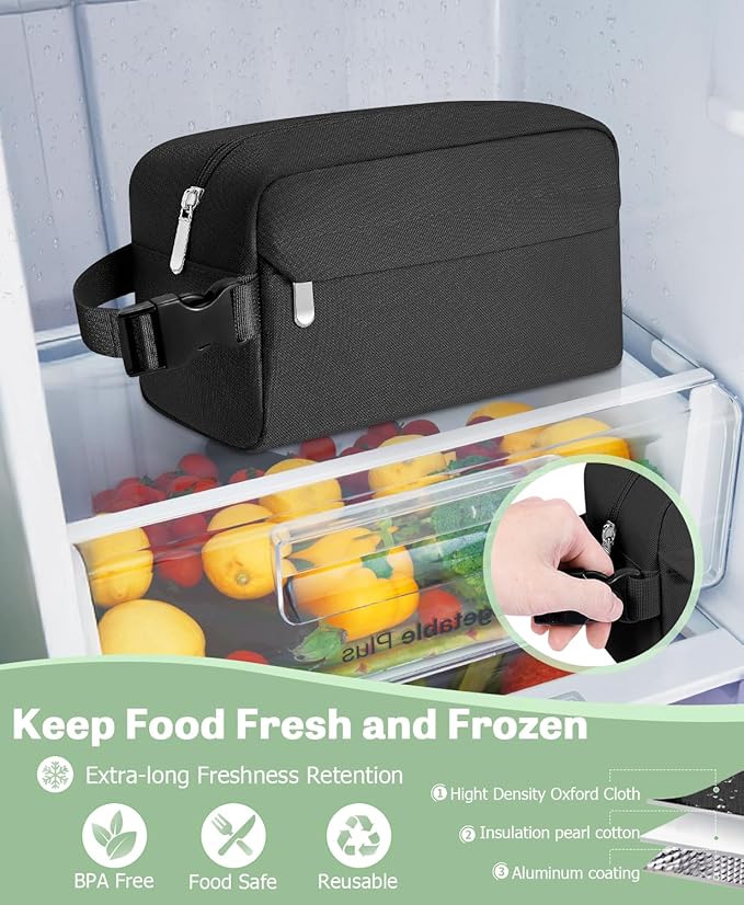 Small Insulated Snack Bag Lunch Bag for Kids Lunch Box for Women/Men, Collapsible [3L/5-Can] Reusable Lunch Bag Cooler Bag for Bottle with Handle Buckle for Work/School/Travel, Black