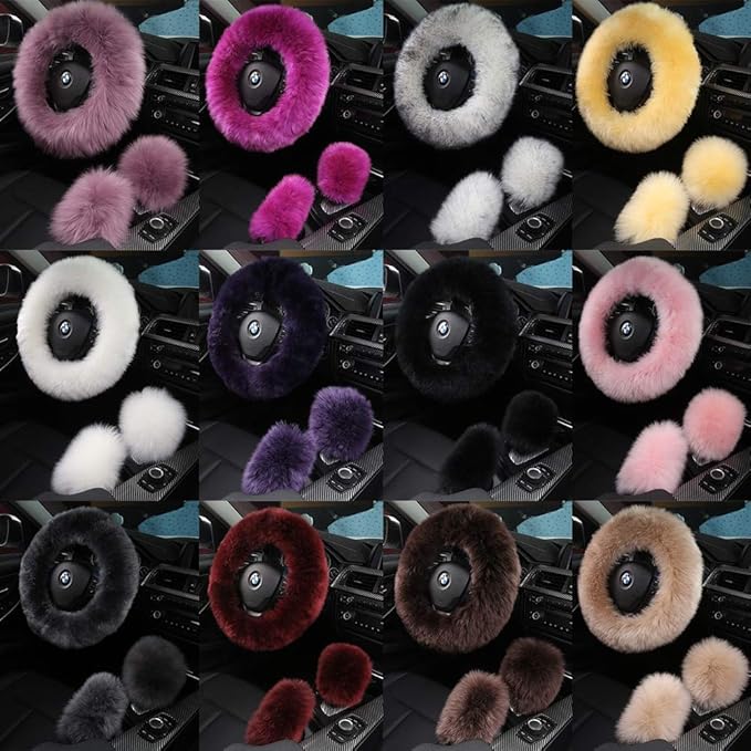 3Pcs Set Fashion Fluffy Fuzzy Wool Fur Soft Car Steering Wheel Cover with Handbrake Cover & Gear Shift Cover for Women/Girls/Ladies Auto Long Wool Accessories, White