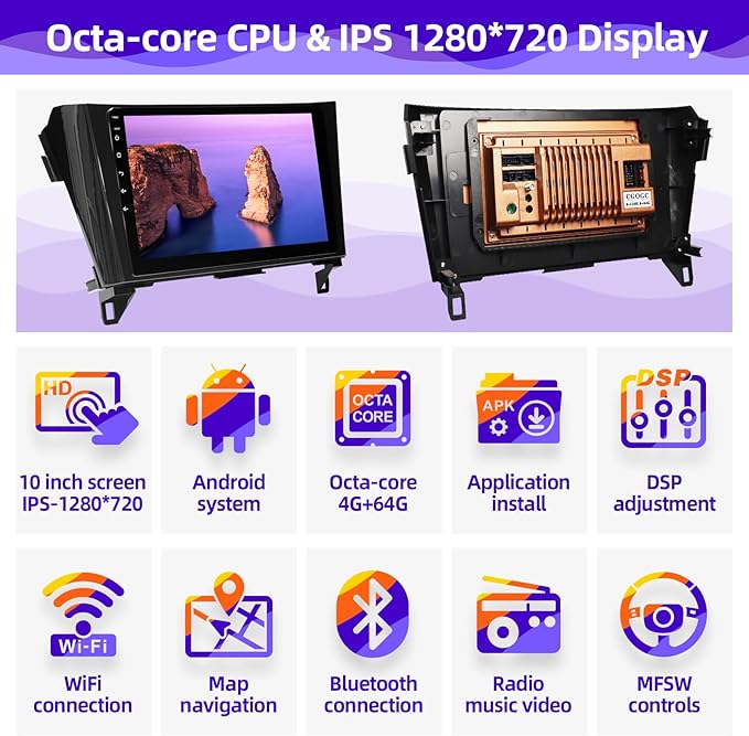 Android Car Radio Compatible with Android Auto Wireless Carplay for Nissan Rogue X-Trail Qashqai 2014-2018 8core 1280X720 Touchscreen Stereo Bluetooth GPS Navigation Head Unit (4GRAM64GROM)