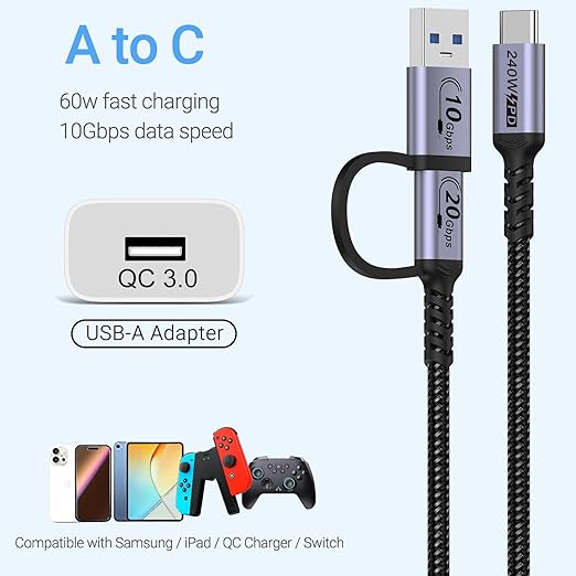 6.6FT USB c Cable for CarPlay [20Gbps 2Pack],2-in-1 USB 3.1 Gen 2 Cable Fast Charge & Data Transfer, Compatible with iPhone 16 15 Pro Max, Samsung Series, SSD