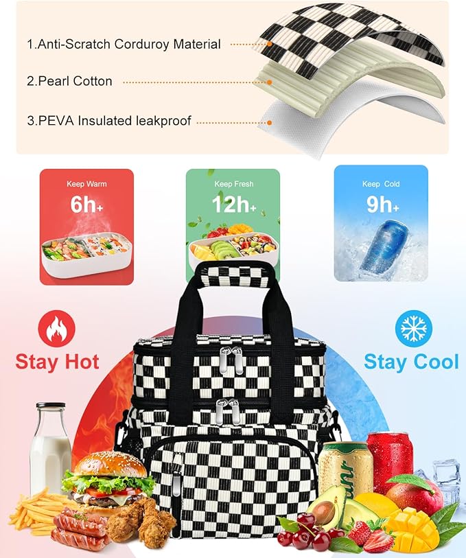 Insulated Lunch Bag for Women, Double Leakproof Lunch Box Soft Cooler Tote with 5 Pockets, 600D Oxford, EVA Lining, Adjustable Strap for Work, Picnic, Beach&Travel- Corduroy Black Checkered