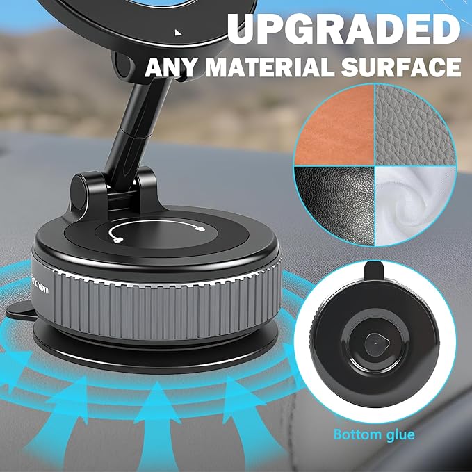Vacuum Magnetic Phone Holder with Sticky Gel Base, 360° Foldable Suction Cup Phone Mount for Textured Dashboard Windshield, Strong Magnetic Car Mount for iPhone MagSafe & Android Phones(Black)