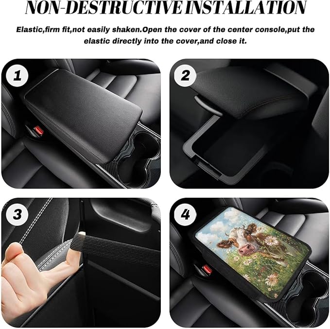 Cow Floral Grass Pattern Car Center Console Cover Anti-Slip Auto Box Cover Protector Lightweight Vehicle Armrest Cover Pad Universal Fit for Most Cars Sedan Truck SUV