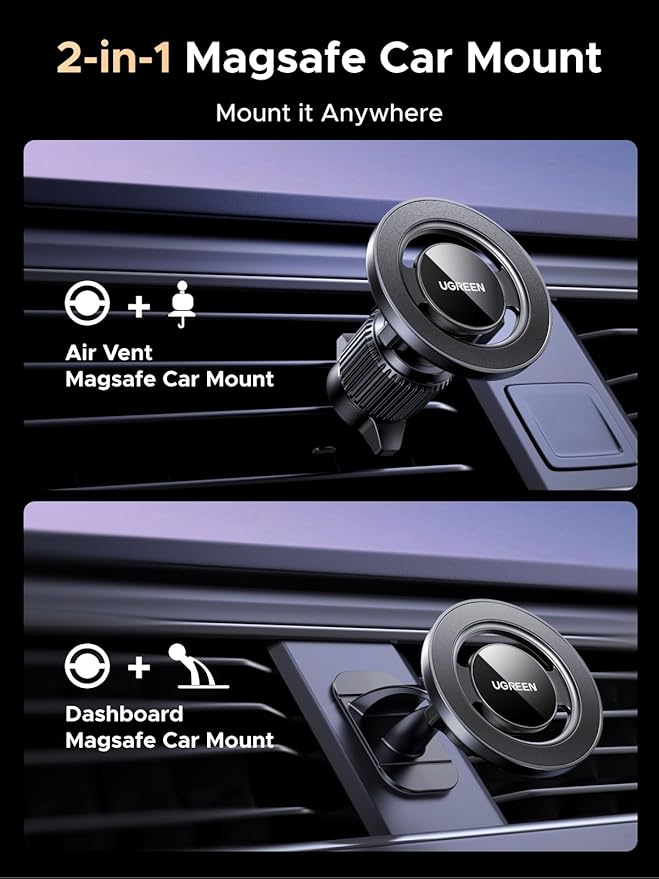 UGREEN Car Phone Mount for Magsafe Magnetic Phone Holder Car Air Vent Dashboard Car Accessories Compatible with iPhone 17 16 15 14 13 12 Pro Max, Strongest Magnet Black