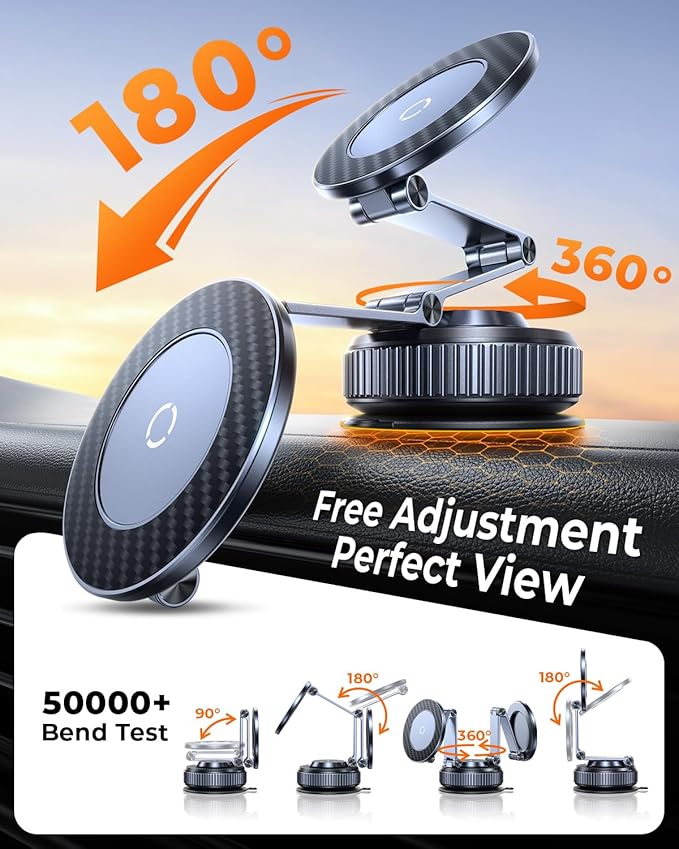 2026 Upgraded 360°Rotation Nano Gel Suction Phone Holder, Foldable Metal Vacuum Magnetic Phone Holder [119+LBS Max Suction] Tesla model Y/3 MagSafe car Phone Mount for iPhone 17 16 Pro Max S26 Ultra