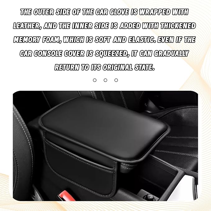 Car Center Console Cover, Leather Comfort Armrest Cover with 2 Storage Bag, Interior Car Accessories Universal Car Arm Rest Cover Pad for Car Decoration and Storage, Fit for Most Vehicle (Black)