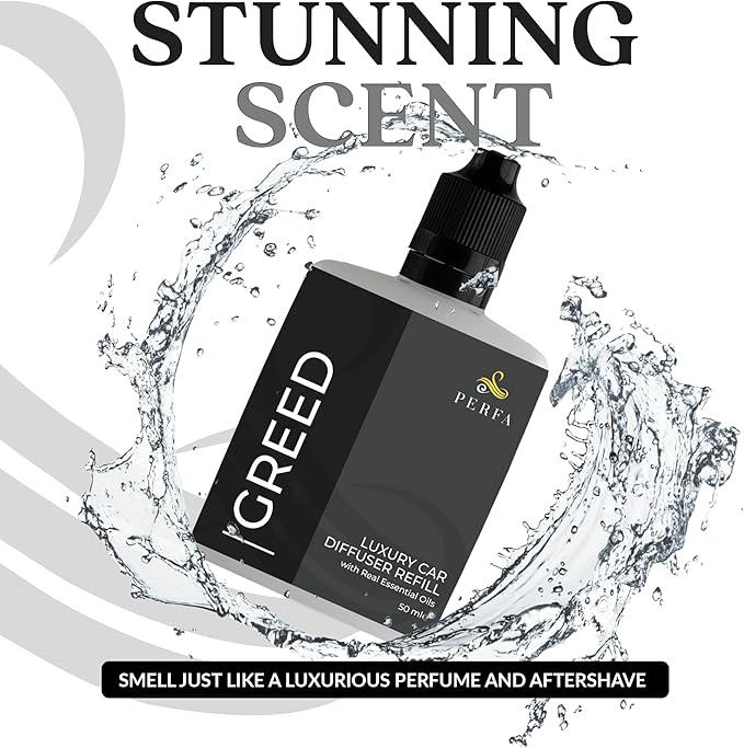 Greed Diffuser Refill 50ml Bottle | Strong Car Freshener with Car Odour Eliminator Technology | Long Lasting Automotive Car Air Freshener by Perfa