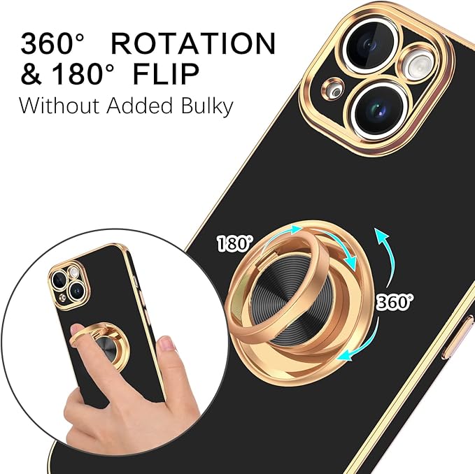 VENINGO iPhone 14 Case,Phone Case for iPhone 14,Slim Fit Soft 360° Ring Holder Kickstand Magnetic Car Mount Supported Easy Clean Shockproof Protective Cover for iPhone 14 6.1" 2022, Black/Golden