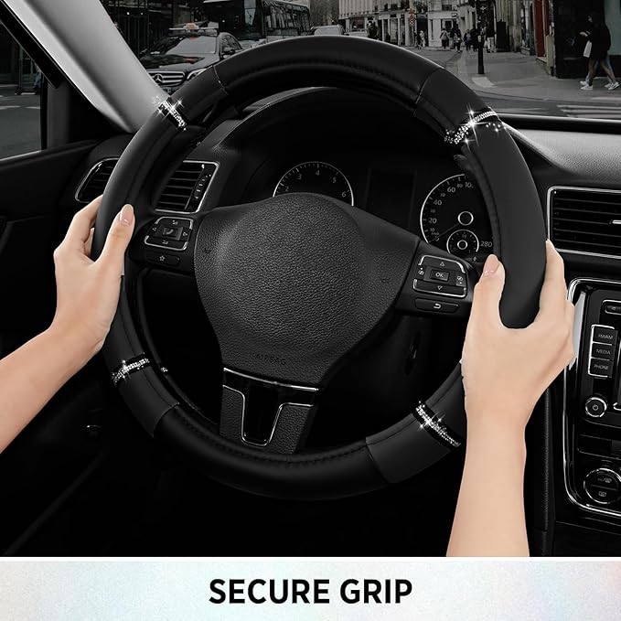 Road Comfort Leather Steering Wheel Cover – Premium Anti-Slip Car Steering Wheel Grip Cover – Universal Fit for 14.5”–15.5” Cars, Trucks & SUVs - Black