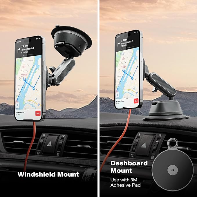 A2C Qi2 15W Wireless Charger for MagSafe Car Mount Charger Magnetic Suction Cup Phone Holder Windshield/Dashboard for iPhone 17/16/15/14/13/12, Aluminum Alloy Arm, for Jeep Wrangler, F150