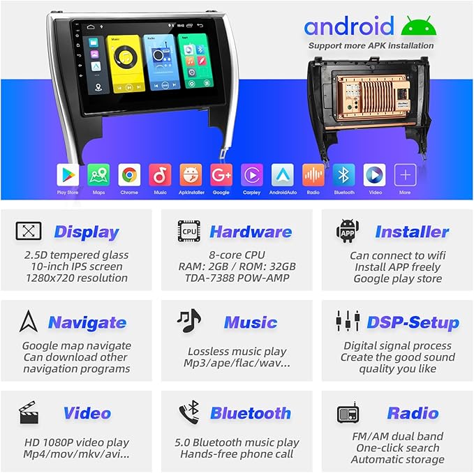 for Toyota Camry 2015 2016 2017 Radio Upgrade Android Touchscreen Compatible with Wireless Carplay Android Auto,Car Stereo Bluetooth Navigation GPS WiFi FM/AM Backup Camera 8-core Head Unit