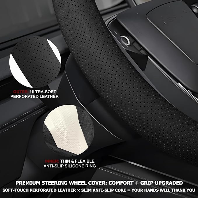 Microfiber Leather Universal 14.5-15 inch Steering Wheel Cover,Easy to Install Non-Slip Breathable Steering Wheel Protector Black