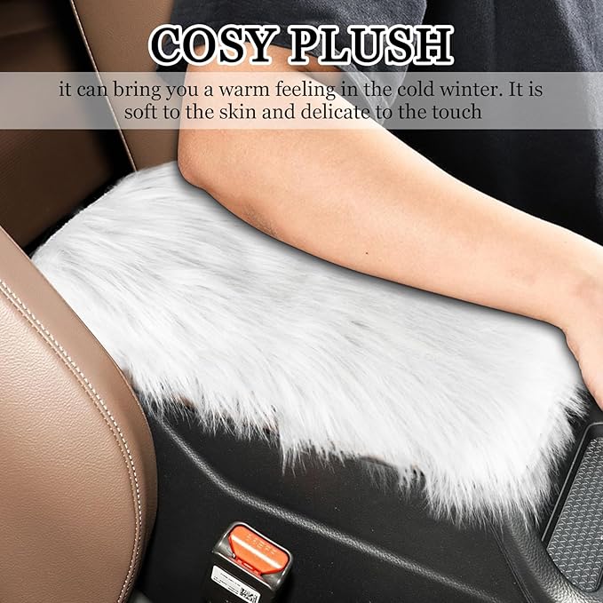 wuyaoyao Furry Car Armrest Cover, 12.1"×6.4" Soft Plush Car Center Console Cover, Winter Warm Fluffy Arm Rest Cover for Car, Auto Armrest Box Cover Protector, Universal Middle Console Pad (White)