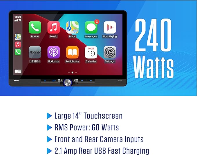 JENSEN J5CA14 14-inch Certified Apple CarPlay Android Auto Wired or Wireless | Maestro & Metra Axxess Ready | Single & Double DIN Car Stereo | SiriusXM Ready | Bluetooth | Front & Rear Camera Inputs