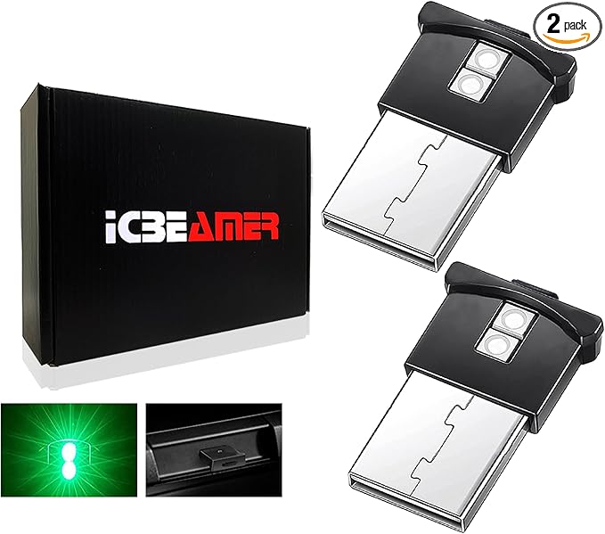 ICBEAMER Mini Smart USB Type-A 2-Pack (Green) | LED Night Light for Car Interior, Trunk, Center Console, Easy Plug-in, Enhance Automotive Ambiance, Perfect for Night Use
