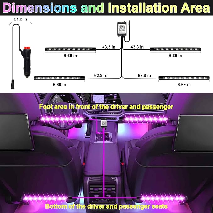 BFXM Car Interior Lights, 12V LED Strip Lights with Cigarette Lighter Adapter, Ambient Lighting Car Accessories, App & Remote Control Music Sync Color Change Lights for Truck Car Decor (36LED Beads)