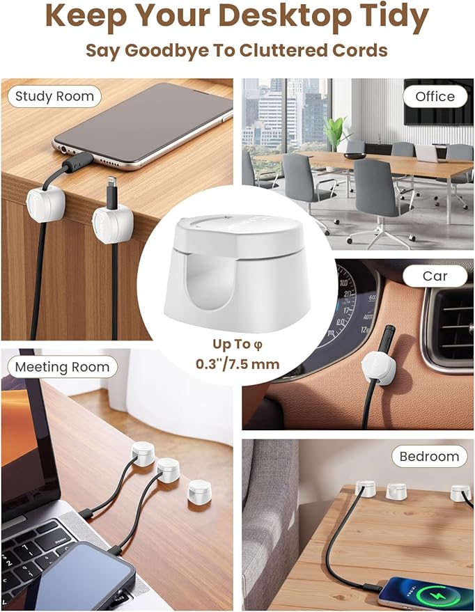 Kanemc Cable Clips Cord Holder for Desk, 360° Spin Magnetic Wire Organizer Self Adhesive Cord Management for Office Desks Cars Home Kitchen Electronic Accessory (White, 9 PCS)
