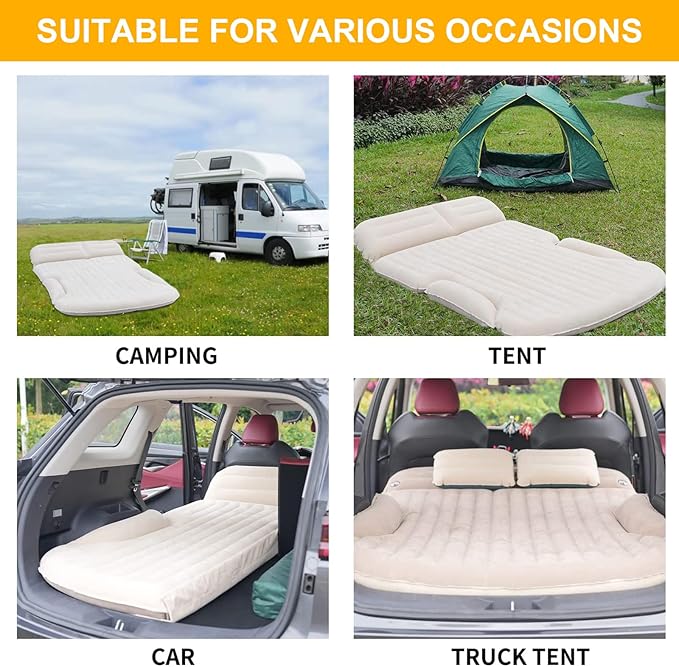 KMZ SUV Air Mattress Thickened and Double-Sided Flocking Travel Camping Bed with 2 Pillows & Pump Dedicated Mobile Cushion Inflatable Bed for SUV Trunk and Rear Seat (Beige and Coffee)
