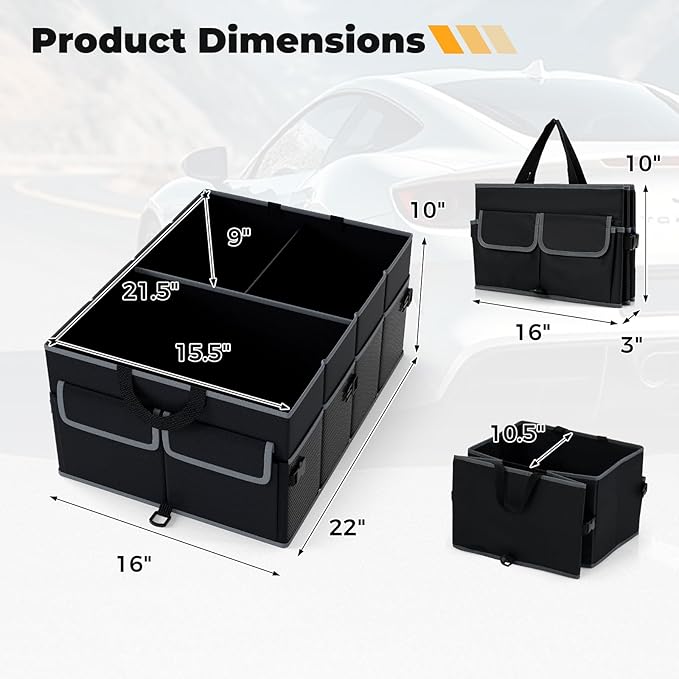 Goplus Collapsible Trunk Organizer, 13 Gallon Foldable Car Storage Organizer with Extenable Compartments, Pockets, Securing Straps, for SUV Van Sedan Truck, 22" x 16" x 10"