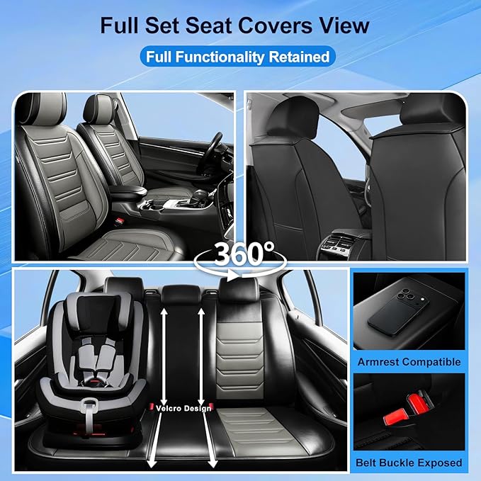 Fit CX-50 Car Seat Covers for Select Mazda CX50 2023-2026, Full Coverage Leather, Airbag Compatible, Luxury Waterproof All Weather Seat Protector, Full Set, Black+Gray