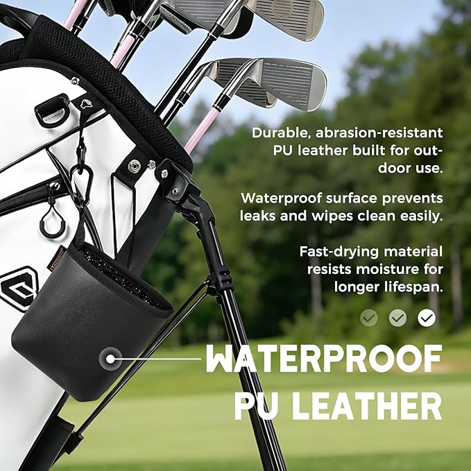 Teccom Golf Club and Ball Cleaning Bag, Golf Cleaner Pouch with Three-Layer Waterproof Fabric Technology, Microfiber Layer, Neoprene, PU Leather Exterior, Detachable Clip, Golfer Gift